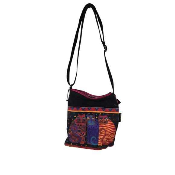Laurel Burch Handbags - Laurel Burch Feline Friends  Cats Crossbody Bag Purse Canvas Zip Black Red Boho